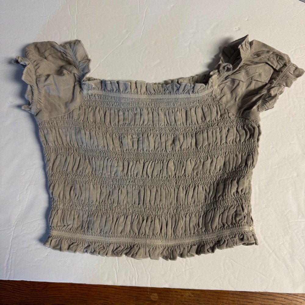 American Eagle Smocked Ruffle Trim Crop Top‎ XS Beige Square Neck Blouse